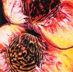 an acrylic painting of two peaches with red and yellow petals on them