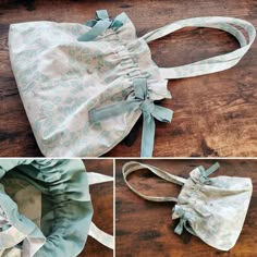 four pictures show how to make a purse with fabric and ribbon, including the inside lining