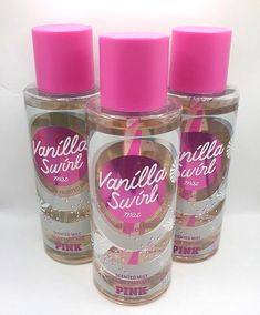 BRAND NEW VICTORIA'S SECRET  PINK  VANILLA SWIRL   BODY MIST - 7.9 fl oz (without box) EACH SET OF 3 LIMITED EDITION Description Juicy, candy-coated scents kick off the sweetest season. This limited-edition mist empowers, never overpowers.   Smells like warm vanilla, sugar-coated petals and fresh snow.  Fragrance style: Gourmand Vanilla with Whipped Vanilla, Sugar Crystals and Snowy Petals. Pink Vanilla, Pink Perfume, Sugar Crystals, Perfume Scents, Body Care Routine, Vanilla Sugar, Womens Fragrances, Fragrance Mist, Body Mist