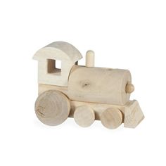 a wooden toy train is shown on a white background