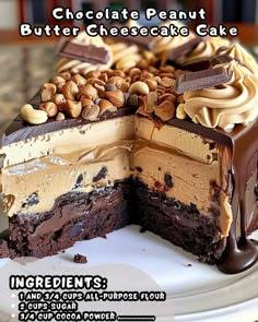 a chocolate peanut butter cheesecake cake on a plate