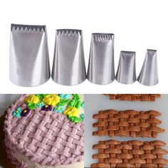 four different types of cookie cutters next to a cake with icing on it