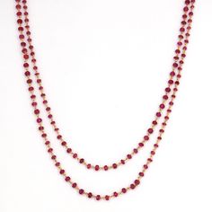 Natural Ruby Rosary Chain in 18k Solid Yellow Gold/Natural Red Color Beads/Bracelet Chain/ Anklet Chain/Red Ruby Necklace Chain/ Gold Chain Product Details > Gemstone - Natural Ruby Beads > Materials - 18k Solid Yellow Gold > Gemstone Shape - Beads >Gemstone Size: 2mm - 5mm Approx > Gemstone weight - 62.34 carats approx > Gross Weight - 18.220 grams approx > Chain Length : 44 inches Approx *Production Time: Generally we keep stock of all products but if by any chance product is sold it takes us Red Single Strand Beaded Bracelet, Red Ruby Beads For Gifts, Red Rondelle Jewelry With Faceted Beads, Red Ruby Beaded Necklaces With Polished Beads, Red Ruby Round Beaded Necklaces, Red Ruby Beaded Necklace With Polished Beads, Red Rondelle Beads Jewelry With Faceted Detail, Red Gemstone Beaded Necklaces In Rondelle Shape, Ruby Single Strand Beaded Necklaces With Round Beads