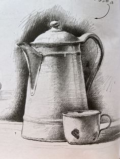 a drawing of a coffee pot and cup