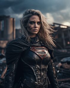 a woman dressed as superman stands in front of destroyed buildings