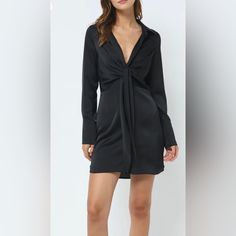 Heiress Beverly Hills Satin Shirt Mini Dress, Long Sleeve Cocktail Dress, Satin Mini Dress, Party Dress, Mini Black Dress Size- S Color- Black Condition- New With Tags Flaws- Small Line On One Of The Sleeves Hardly Noticeable See Pictures Long Sleeve Button Closure Beautiful Ruching Detail 100% Polyester ***Please Note I Do Not Accept Returns Due To Sizing Issues. Look At All Pictures As They Are Part Of The Description, Ask Any Question Before Purchasing*** Fitted Black V-neck Shirt Dress, Black V-neck Shirt Dress For Formal Occasions, Chic Long Sleeve Shirt Dress For Party, Flirty Black Long Sleeve Dress, Flirty Long Sleeve Black Dress, Fall V-neck Shirt Dress For Night Out, Elegant Mini Shirt Dress For Date Night, Flirty Long Sleeve Formal Dress, Black Shirt Dress For Summer Party