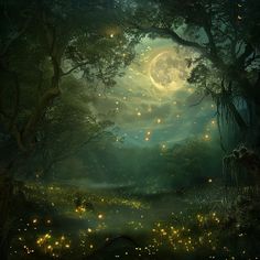 a painting of fireflies flying in the night sky over a forest filled with trees