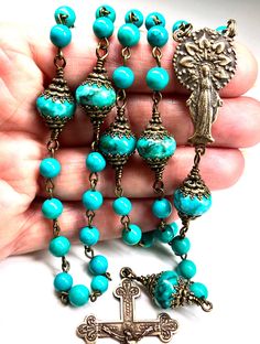 TRUE BRONZE & TURQUOISE Catholic Rosary,6mm Genuine Sinkiang Turquoise Beads,12mm Turquoise Jasper Rondelles,Immaculate Heart,Prayer Beads Turquoise Rosary With Round Beads, Turquoise Rosary With Round Beads As Gift, Spiritual Turquoise Rosary With Round Beads, Turquoise Spiritual Polished Beads, Spiritual Blue Turquoise Necklace With Spacer Beads, Spiritual Turquoise Necklace With 8mm Beads, Spiritual Turquoise Necklace With Spacer Beads, Celestial Crystal, Rosary Beads Catholic