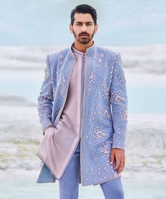 Buy Powder Blue Grey and Pink Laser-cut Fusion Indo Western Sherwani Set for Groom Wedding Royal Look and for Best Man Online in India - Etsy Sherwani For Men Wedding Royals, Blue Indian Outfit, Sangeet Outfit For Men, Powder Blue Suit, Unique Mens Wedding Suits, Boys Shirts Style, Men Wedding Suits, Blue Sherwani, Indian Wedding Clothes For Men