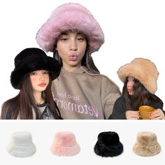 three women wearing hats with fur on them