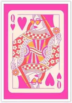 a pink and white playing card with hearts on the back, featuring an image of a woman's face