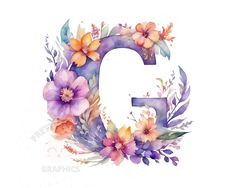 the letter g is made up of flowers and leaves with watercolor paint on it