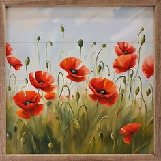 an oil painting of red poppies in a field