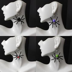 These sets have been made with silver earring wire hooks and dangle freely below the earlobe. Each Spider set is unique and has adjustable legs, each spider is between 1-1.5 inches tall and 1.5-2 inches wide.  You'll receive one set of spooky spider earrings of your choosing. Each set comes with small rubber backings and is packed in an organza bag, ready and perfect to give as a gift or treat yourself. Here at KCT, we love these earring sets because of the festive spirit of these beautiful creepy crawly spiders. Looking for other eerie accessories, we offer a wide variety at https://kcttreasures.etsy.com where your perfect treasure awaits! Hypoallergenic Jewelry For Halloween Party, Spooky Jewelry With Ear Wire For Gift, Multicolor Halloween Earrings For Gift, Multicolor Halloween Earrings Gift, Hypoallergenic Drop Earrings For Halloween, Halloween Novelty Drop Earrings Jewelry, Black Dangle Beaded Earrings For Halloween, Black Beaded Dangle Earrings For Halloween, Halloween Novelty Drop Earrings