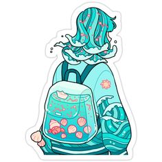 a girl with a blue backpack is looking down at the water and bubbles on her back