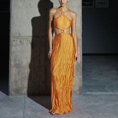 High Neck Maxi Dress. Orange Long Dress For Evening, Elegant Orange Beach Dress, Luxury Silk Summer Party Dress, Luxury Silk Dress For Summer Party, Chic Orange Evening Dress, Orange Silk Maxi Dress For Party, Orange Silk Evening Maxi Dress, Orange Silk Maxi Dress For Evening, Chic Orange Dresses For Gala