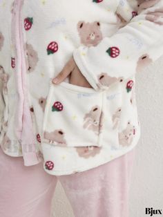 Bjux - Womens Plus Size Cozy Flannel Pajama Set with Strawberry & Cartoon Bear Print - Long Sleeve Button Up Top and Pants with Pockets - Perfect Home Wear Two Piece Set Cozy Sleepwear With Pockets For Pajama Party, White Sleepwear With Pockets For Sleepover, Strawberry Cartoon, Flannel Pajama Sets, Cozy Pajamas, Seasons Winter, Flannel Pajamas, Cartoon Bear, Pants With Pockets