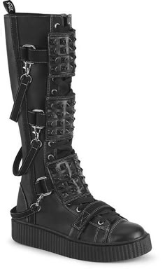 Demonia Mens Boots, Mens Goth Boots, Gothic Accessories Men, Gothic Leather Moto Boots With Studded Outsoles, High-top Spiked Moto Boots For Concerts, High-top Moto Boots With Spikes For Concerts, Punk High-top Studded Platform Boots, Punk High-top Platform Boots With Studded Outsoles, Edgy High-top Moto Boots With Rubber Sole