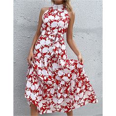 Red Floral Print Halter Maxi Dress