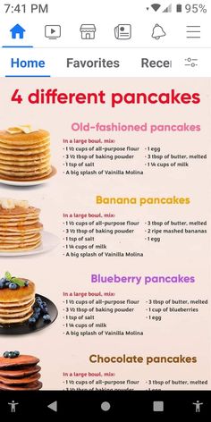 the menu for pancakes is shown with different toppings