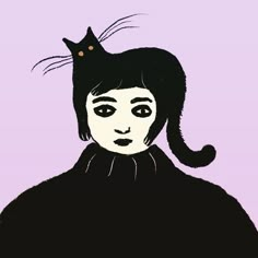 a black cat sitting on top of a woman's head in front of a purple background