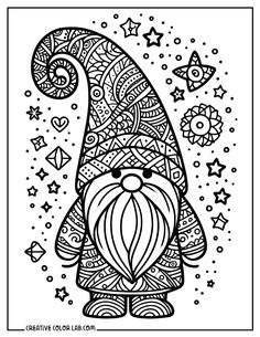 an adult coloring book page featuring a gnome with stars and confetti in the background