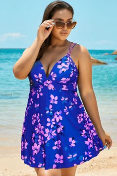 Purple Butterfly Print V-neck Loop Strap Swimdress V-neck Midi Dress For Vacation, V-neck Swim Dress For Vacation, Fitted V-neck Vacation Dress, Blue V-neck Swim Dress For Beachwear, Blue V-neck Swim Dress For Beach Season, Lined V-neck Beach Dress, Lined V-neck Swim Dress For Pool, Spring Triangle Top Poolside Dress, V-neck Swim Dress For Summer Pool