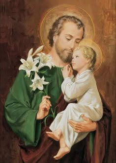 a painting of jesus holding a child with flowers in his lap and wearing a green robe