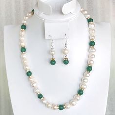 Gorgeous 9-10 Real White Freshwater Pearls And 8mm Green Jade Beads Matching Necklace & Dangle Earrings Set. Rhinestone Spacers Next To The Jade Beads. Necklace Measures 18” Inches. Earrings Are Stamped 925 Sterling Silver. New Condition And Comes In A Gift Box. Bundle & Save: Bundle 2 Or More Items For A Private Discount Next Day Shipping On All Orders 5 Star Rated Poshmark Ambassador Elegant Green Jewelry With 8mm Beads, Elegant Green 8mm Beads Jewelry, Green Pearl Drop Jewelry With Round Beads, White Pearl Jewelry With Gemstone Beads, Classic Green Pearl Drop Jewelry, White 8mm Beads Jewelry For Anniversary, Green Jade Necklace, Jade Bead Necklace, Jade Necklace