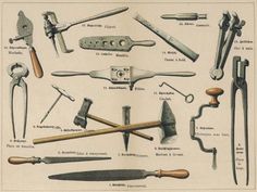 an old print shows various tools used in the 19th century, including hammers and pliers