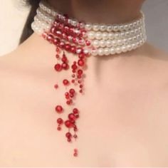 “Vampire Bite” Elegant Blood Droplets Bloody 3 Strand Pearl Collar Dripping Red Swarovski Crystal Vampire Horror Fright Scary Halloween Fantasy Gothic Punk Rock Edgy Spooky Creepy Upscale Classy Choker Necklace. Imaginative & Awesome, This 3 Strand White Pearl Choker Has Metallic Red Blood Spatter On A Section Of The Pearls, With Faceted Red Swarovski Crystals Of Various Sizes On Tiered Clear Strands Hanging Down To Simulate Blood Droplets. A Wonderful Piece For Vampire Lovers, Costumes, Hallowe Classy Choker, Pearl Outfit, White Pearl Choker, Vampire Bite, Vampire Horror, Vampire Lovers, Vampire Necklace, Vampire Bites, Red Gothic