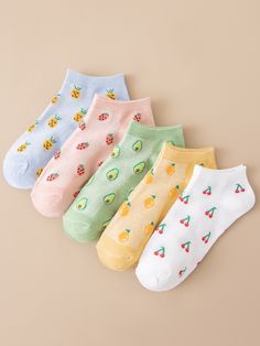 Multicolor  Collar  Tela Frutas y verduras Calcetines tobilleros Embellished   Calcetines y Medias de Mujer School Socks, Half Socks, Floral Socks, Trendy Socks, Slip Shorts, Ankle Socks Women, Women Socks, Fruit Pattern