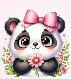 a panda bear with a pink bow on its head and flowers around it's neck