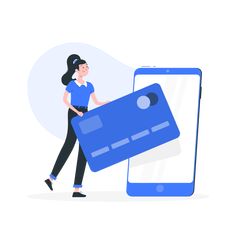 a woman is holding a credit card in front of her phone, while she's carrying it