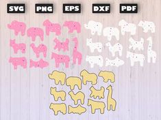 an image of some cut out animals on a wooden background with the words svg epss dxf