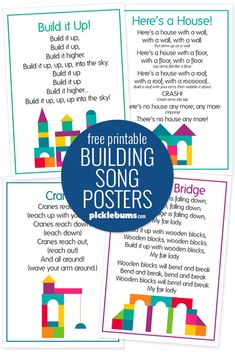 three printable building song posters with the words build it up and there's a house