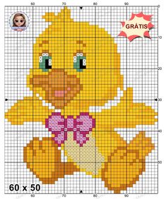 a cross stitch pattern with a yellow teddy bear on it's chest and pink bow tie