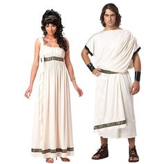 two people dressed in ancient greek costumes, one wearing a white dress and the other black