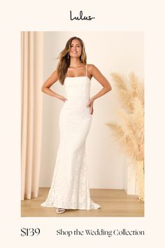 a woman in a white wedding dress with the words shop the wedding collection