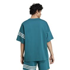 The iconic three stripes on the adidas Neu Classics Men's Tee elevate its style to the next level. Its loose fit allows for effortless movement, ensuring comfort throughout the day. Thanks to its minimalistic design, this versatile tee pairs perfectly with jeans, shorts, khakis, and more, making it a wardrobe essential for any occasion.Features: Striped-sleeve detailing. Small Trefoil logo near the bottom. Details: Fit is true to size. Relaxed fit. Material: 100% Cotton. Soccer Shop, Black And White Sneakers, Adidas T Shirt, Adidas Originals Mens, Striped Sleeve, Basketball Shorts, Adidas Online, Short Jacket, Work Casual