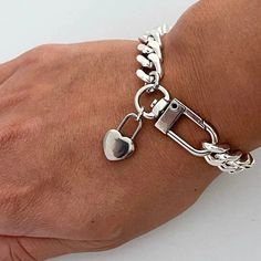 Silver Curb Chain Bracelet- Cuban link Chain-Stack Bracelet-Spring lock closure- Heart Charm. Cuban Chain Bracelet, Curb Chain Bracelet, Spring Bracelet, Silver Chain Bracelet, Cuban Link Chain, Cuban Chain, Cuban Link, Heart Bracelet, Curb Chain