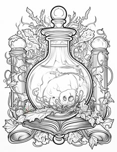 an ink drawing of a vase filled with skulls