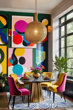 a dining room with colorful art on the wall and chairs in front of it,