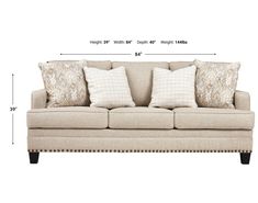 a couch with four pillows on it and measurements for the back end, from top to bottom