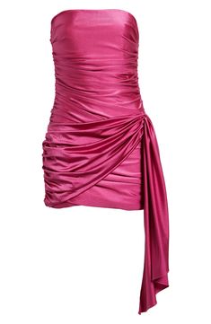 Get glasses raised in a popping pink dress that's draped-to-fit and designed to showcase shoulders and legs. 27 1/2" center front length Back-zip closure Strapless Lined 87% nylon, 13% spandex Dry clean Imported Semi Formal Dresses Unique, Semi Formal Pink Dress, Magenta Hoco Dress, Pink Hoco Dress Short, Light Pink Hoco Dress, Fancy Mini Dresses, Hoco Dresses Unique, Metallic Pink Dress, Pink Party Outfit