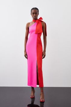 The Statuesque Column Silhouette Of This Midi Dress Is Punctuated By The Feminine Addition Of A Bow Neckline, Creating A Scarf Panel That Drapes With Languid Elegance. This One-Shoulder Style Has A Slanted Neckline, Darting To The Bodice, And A Split Side Skirt That Calls For A Tonal Stiletto To Create A Cohesive Ensemble.One-Shoulder Bodicetie Neckcolour Blockmidi Length Split Side Skirt, Plus Size Workwear, Soft Tailoring, Mother Of The Bride Outfit, Bride Clothes, Pink Midi Dress, Karen Millen, Colour Block, Petite Dresses