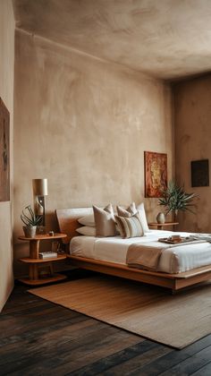 a bed sitting in the middle of a bedroom next to a wooden table and lamp