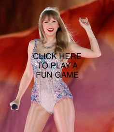 a woman in a short dress is dancing with her arms up and the words, click here to play a fun game