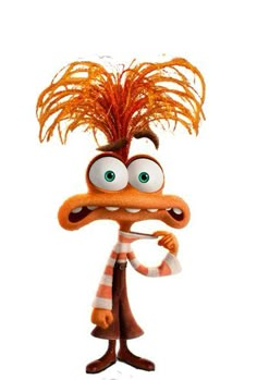 a cartoon character with big eyes and orange feathers on his head, standing in front of a white background