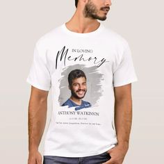 This stylish funeral memorial t shirt, for friends and family, would make a great keepsake after the funeral, memorial, vigil or anniversary. The modern t shirt features 2 photos of your loved one, one at the front and one on the back, with a brush stroke effect.Text that reads 'IN LOVING MEMORY' their name, dates and a personal message. Some text font styles, size, color and color can be changed by clicking on the customize further link after personalizing. Memorial Short Sleeve T-shirt With Graphic Print, White Graphic Print T-shirt For Memorial, Memorial T-shirt With Custom Print, Memorial Crew Neck T-shirt With Custom Print, Modern T Shirt, Memory Tshirt, Back Photo, Loving Memory, Some Text